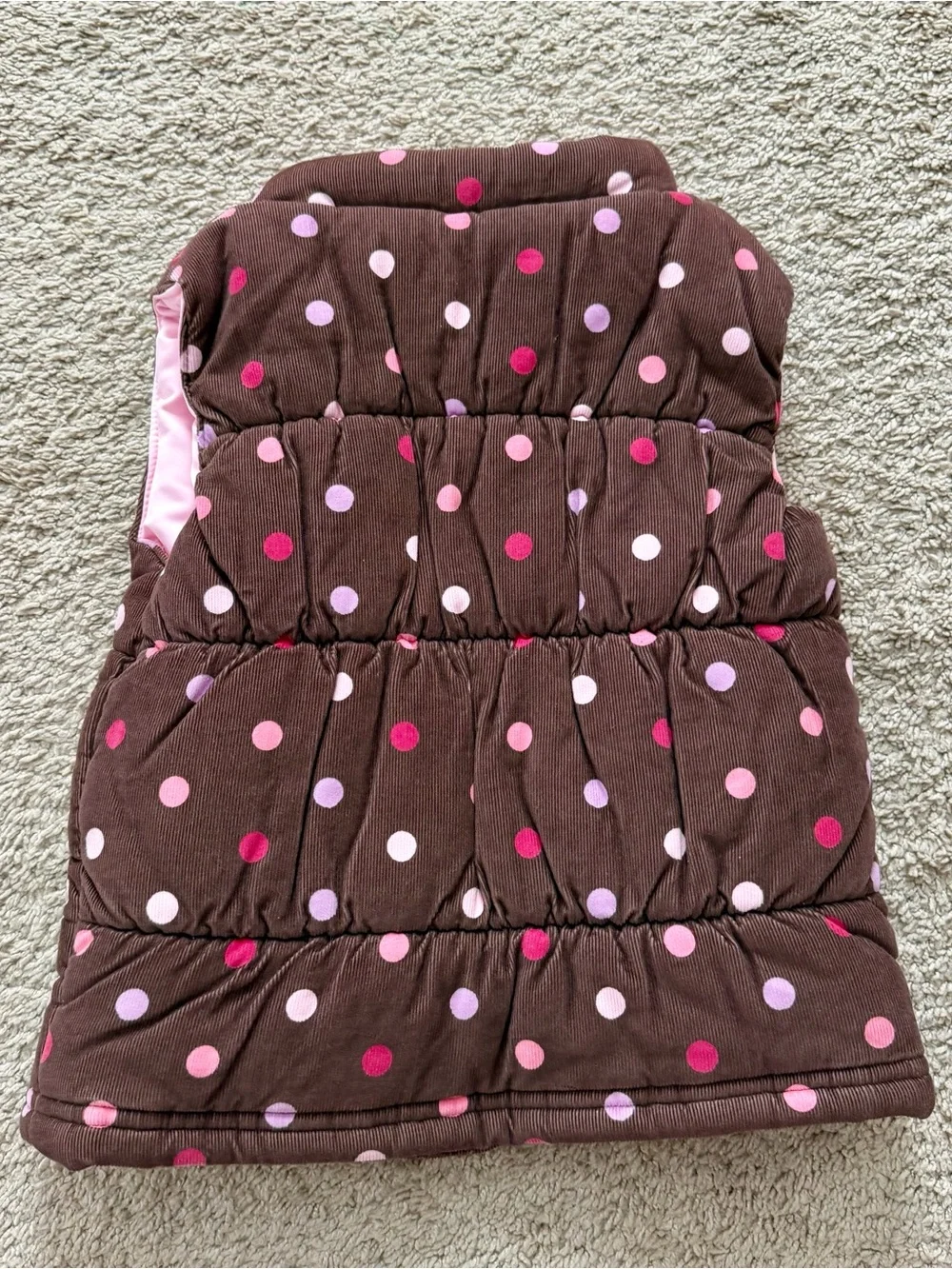 CARTERS Girls Vest Brown Pink Polka Dot Puffer Zip Up Sz 4 with Pockets